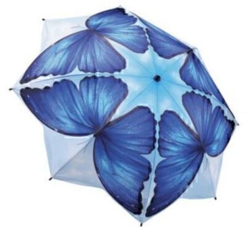 Another beautiful folding umbrella from Galleria, with detailing and colouring second to none. The blue patterned butterflies on the fabric are designed wing to wing making a very interesting shape. The shaped edges give that extra wow factor. Featuring v